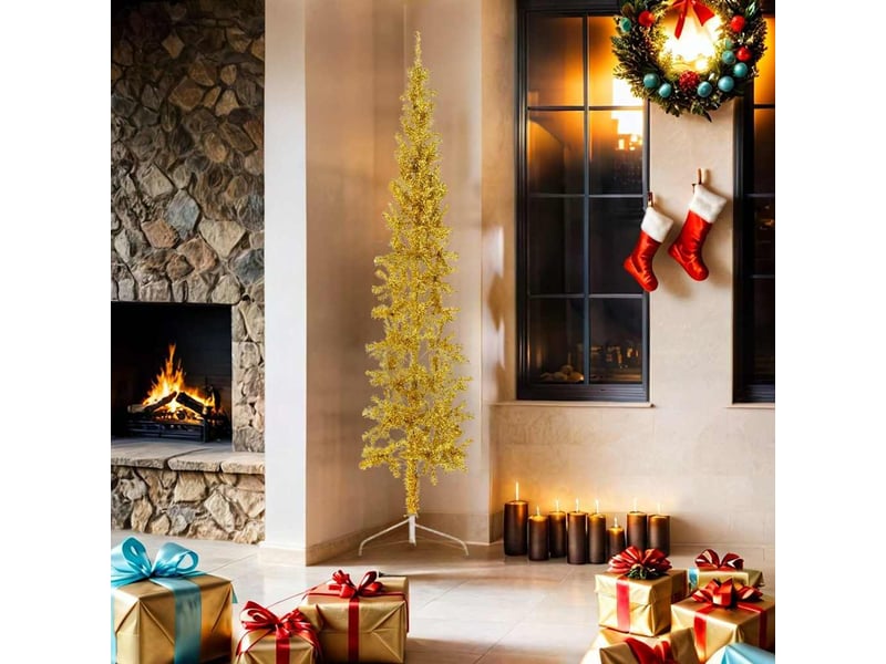  Demi sapin de noël, arbre de noël artificiel mince avec support doré 180 cm  - Conforama A