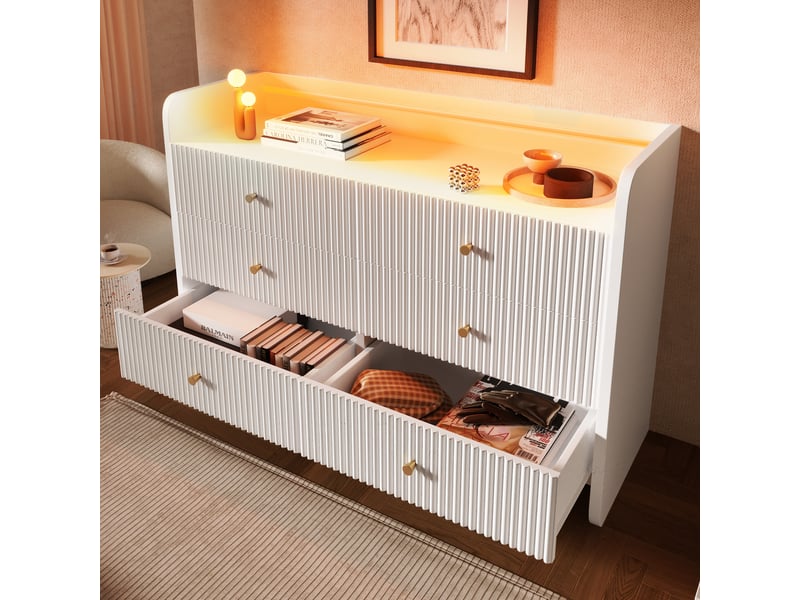  Commode blanche rainurée 120 cm, 6 tiroirs et led Fay Lum - Conforama B