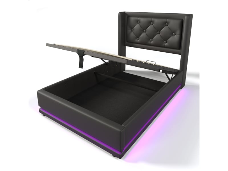  Lit coffre 90x200 cm, lit simple avec chargement usb, éclairage led et fonction de rangement, en pu noir, sans matelas  - Conforama E