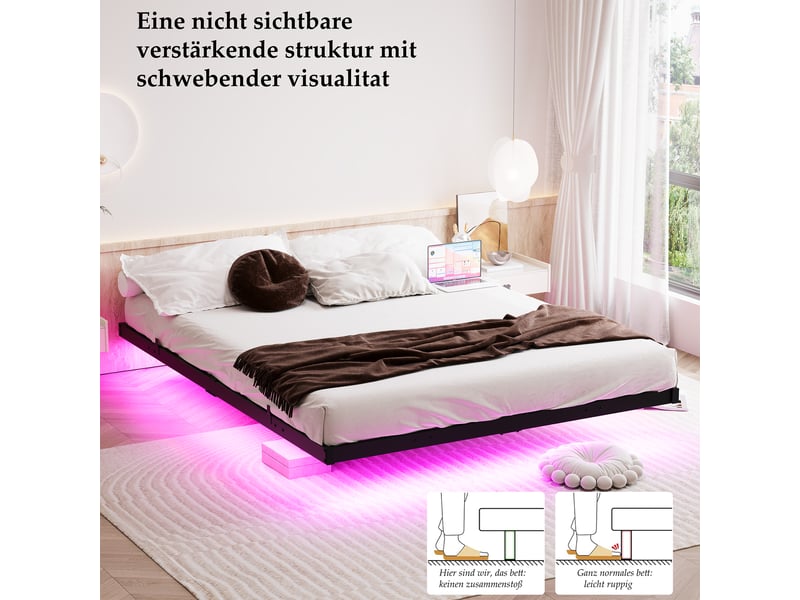  Cadre de lit, lit double 140x190 cm, led, station de recharge, métal noir, sommier à lattes  - Conforama E