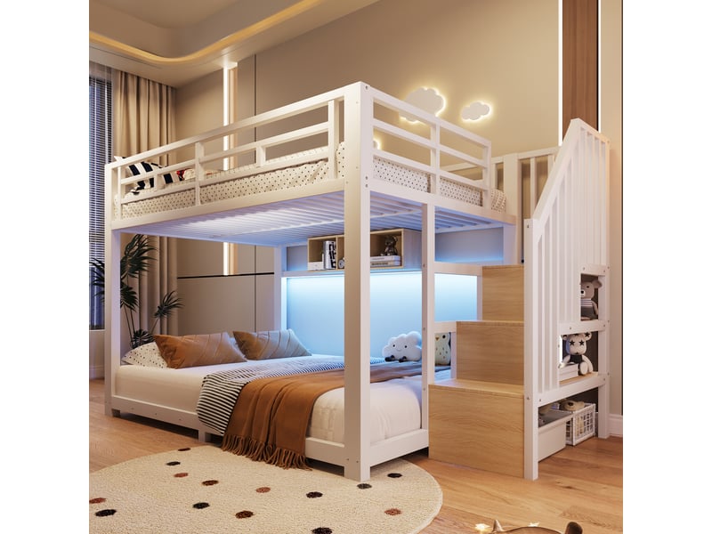  Lit superposé 140 x 200 cm, avec led, escalier avec rangement, 3 compartiments, garde-corps, sans matelas, métal, blanc OMNIGLINT TRADING LTD - Conforama B