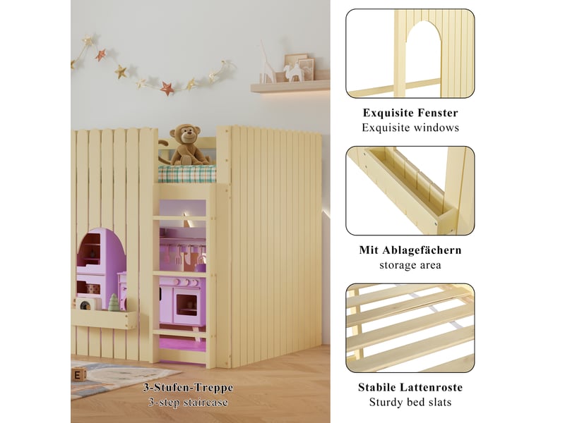 Lit mezzanine enfant simple 90×200 cm avec barrière, led et rangements - okmyhome- naturel, sans matelas - Conforama E