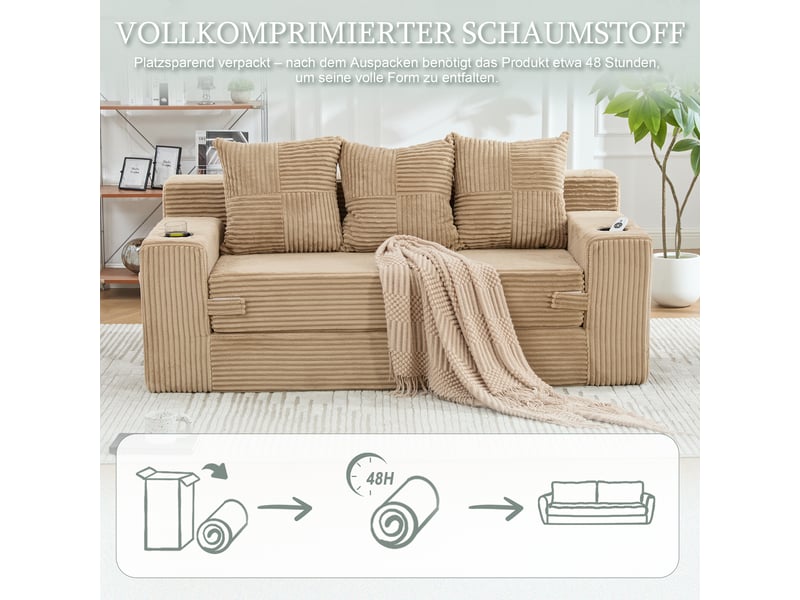  Canapé 3 places en velours côtelé, sans montage, design modulaire, porte-gobelets, rangements latéraux, 172×87×64 cm  - Conforama W