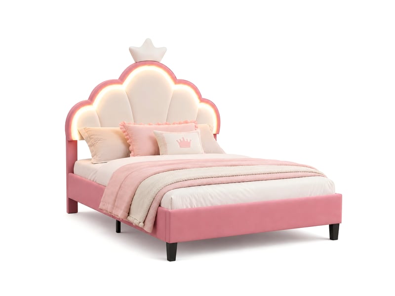 Lit enfant fille 90x200 cm princesse-lit simple en velours rose avec tête de lit couronne lumineuse led, sommier à lattes et hauteur réglable, design féerique p