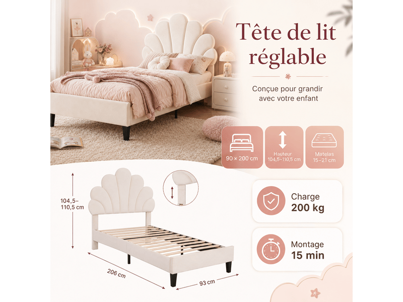 Lit enfant 90x200 avec sommier à lattes - lit rembourré 1 places avec tête de lit en forme de fleur - lit rembourré avec tête de lit florale réglable - 1 place - lit simple avec tête de lit fleur réglable en hauteur - 1 personne… - Conforama D