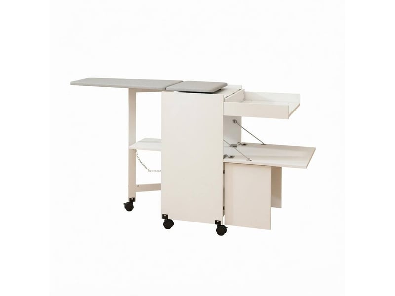 Table à repasser pliable avec meuble de rangement blanc sur roulettes, idéale pour une buanderie organisée - Conforama A