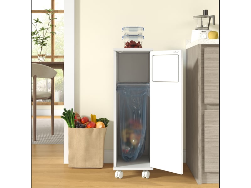 Buffet de cuisine - 24,2x35,1x80,2 cm - meuble poubelle roulant avec 1 porte et support sac poubelle - blanc - Conforama D