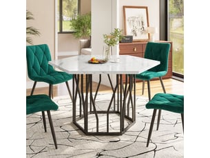 Table à manger hexagonale moderne – plateau en mdf marbré & structure métal noir –style élégant pour salonsalle à manger