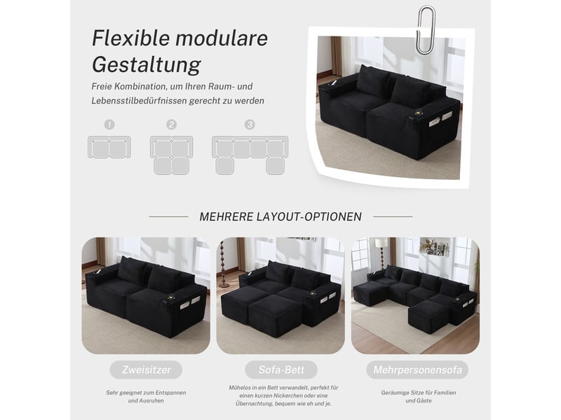  Canapé modulable, canapé 2 places, en velours, poches latérales, porte-gobelets, format compressé, sans montage  - Conforama A