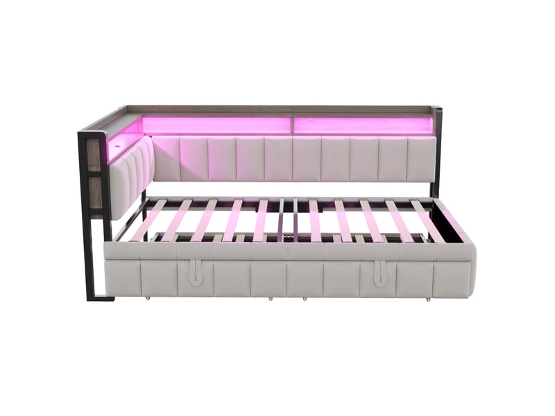  Lit gigogne enfant 90x200 cm gris clair velours, led réglable, ports usb et type-c, rangements intégrés  - Conforama E