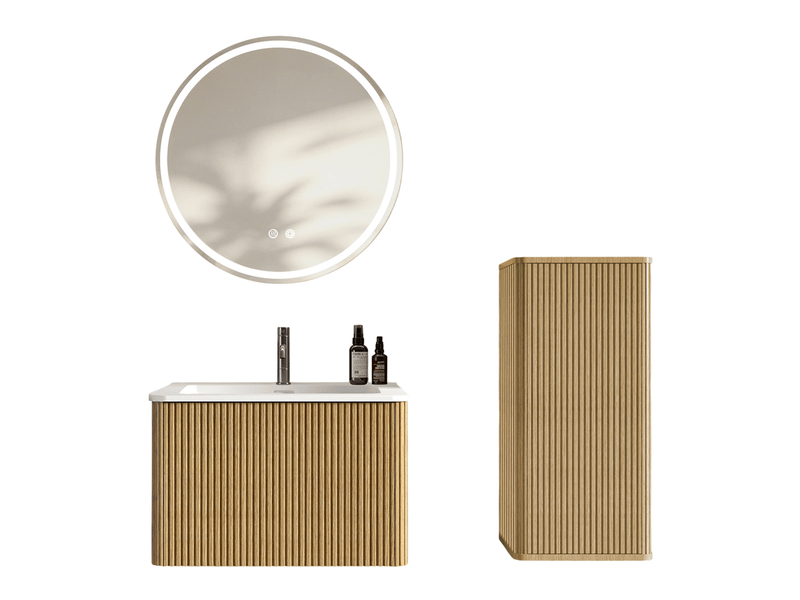 Meuble salle de bain suspendu 60 cm avec vasque miroir led et colonne coloris chêne - Conforama A