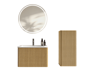 Meuble salle de bain suspendu 60 cm avec vasque miroir led et colonne coloris chêne