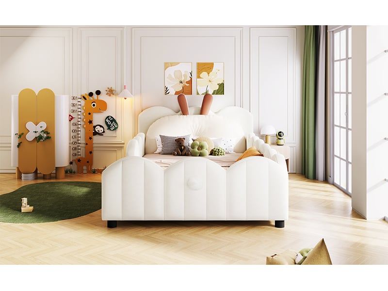  Lit plateforme capitonné 90x200 cm beige mdf et velours avec coussin lapin et sommier à lattes Sol Morn - Conforama B