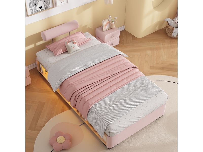 Lit enfant 90x200 cm - avec étagère latérale led, niches de rangement ouvertes et appui-tête modulable sur 3 côtés – velours – rose - Conforama E
