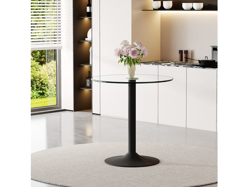  Table de salle à manger ronde en verre trempé avec base métallique noire, style moderne minimaliste pour bar et cuisine  - Conforama D
