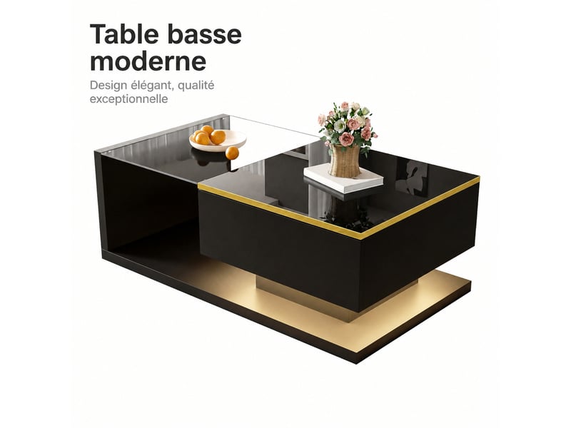  Table basse noire brillante avec rangement, plateau en verre trempé et led, 90 x 50 x 32,5 cm  - Conforama A