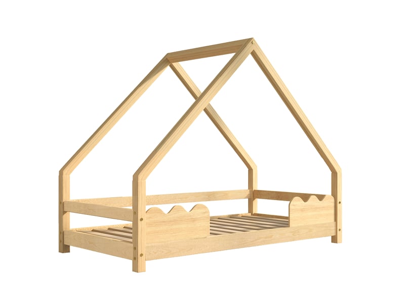  Lit cabane enfant 90x200 en bois massif avec barrière de sécurité, lit ado 90x200 cm couleur naturelle, sommier à lattes inclus  - Conforama W