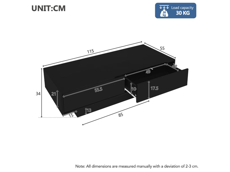  Table basse moderne 115 x 55 x 34 cm 2 tiroirs del intégrée capacité 30 kg finition laquée panneau de particules noir  - Conforama C