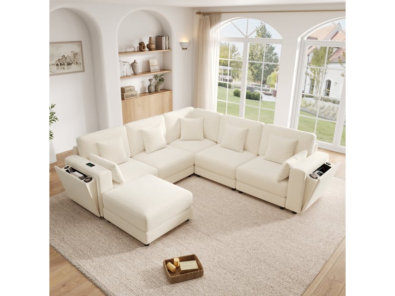  Canapé d'angle modulable 6 places 215x215x82 cm en lu avec usbusb-c, porte-gobelets, rangements intégrés, 7 coussins, chenille - beige Bliss Lite - Conforama D
