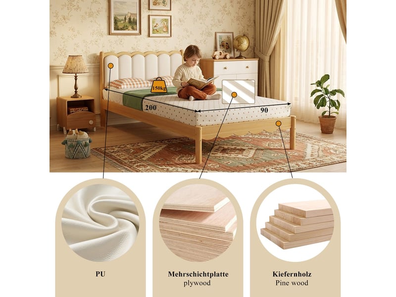  Lit simple 90 x 200 cm cadre de lit en bois massif tête de lit rembourrée en pu design ondulé élégant finition beige  - Conforama C