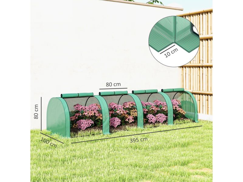  Mini serre de jardin serre à tomates 4 x 1 x 0,80 m acier pe anti-uv 4 portes avec zip enroulables vert  - Conforama E