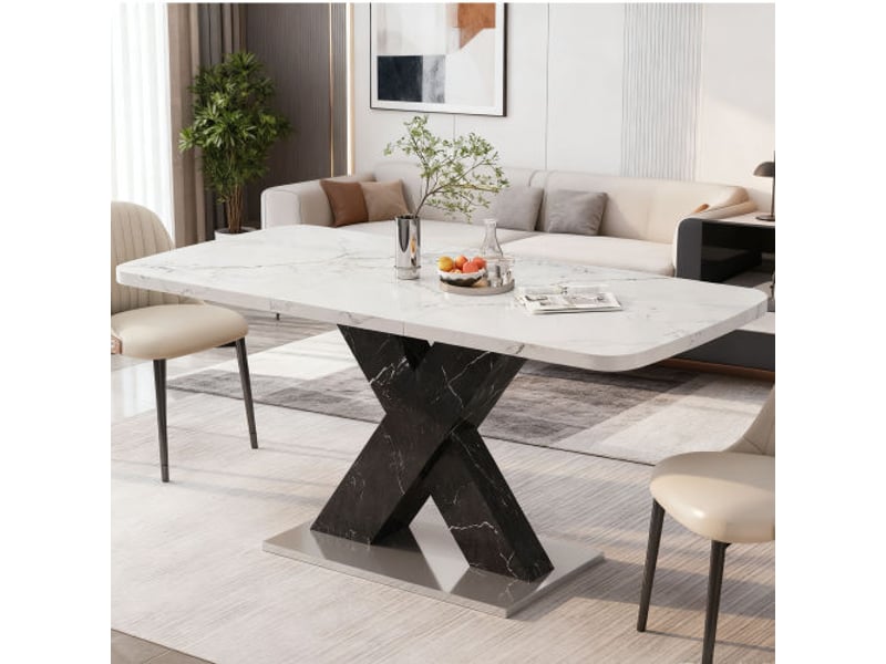 Table à manger rectangulaire extensible 120-160 cm - plateau marbre blanc imprimé - piètement x noir mdf - base métal - Conforama B