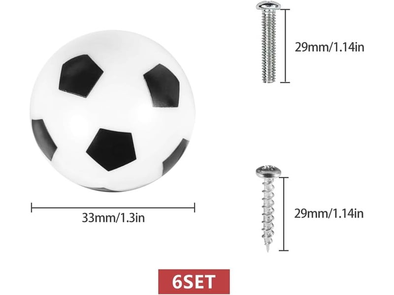  Jeu de 6 poignées de porte au design de football, tirateurs sportifs pour chambres d'enfants et meubles avec vis  - Conforama C