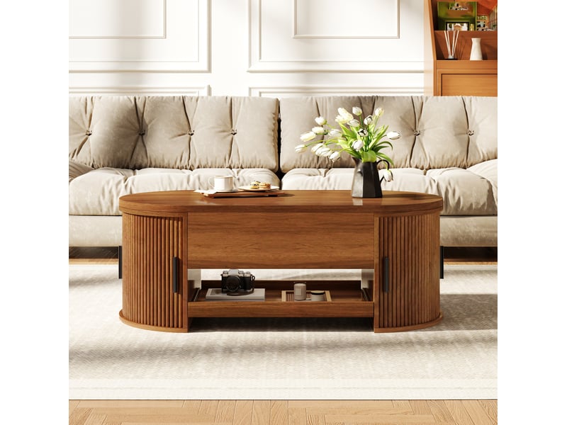  Table basse relevable avec rangements cachés, portes coulissantes latérales et tablette en mdf noyer pour salon  - Conforama D
