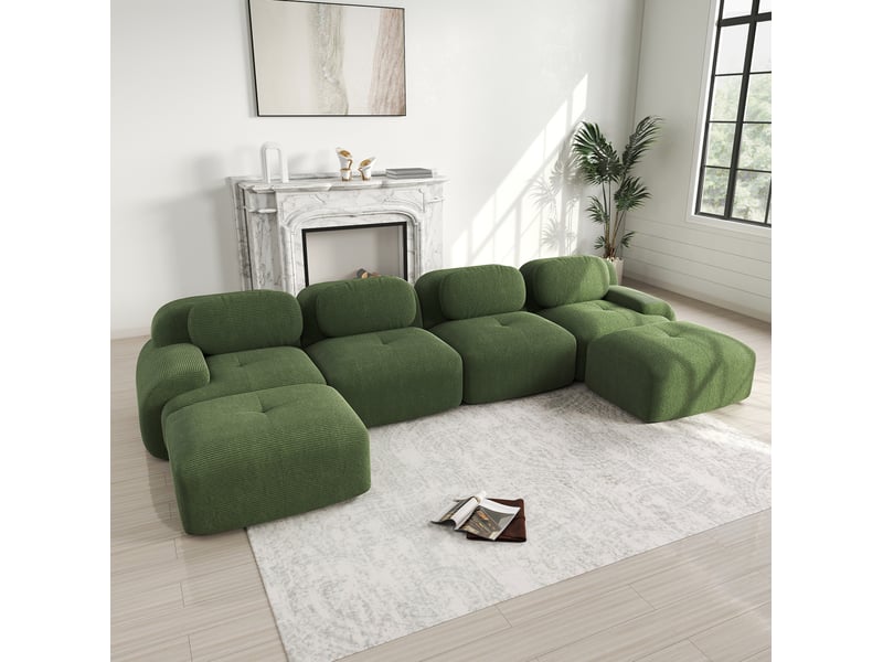  Canapé d'angle panoramique modenvie modulable 4 places 388 x 178 x 70 cm en velours côtelé vert  - Conforama B