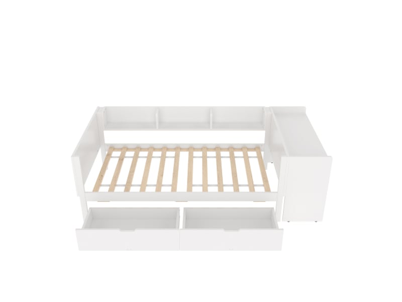  Lit enfant 90x200 cm avec 2 tiroirs, bureau, 3 étagères, sans matelas, blanc  - Conforama E