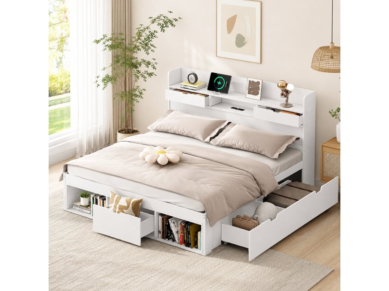  Lit double multifonction 140x200 cm blanc avec armoire de rangement, tiroirs, port usb et type-c, sommier à lattes  - Conforama B