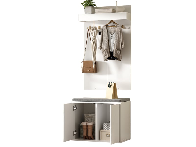  Meubles d'entrée 3 en 1 avec 4 crochets, banc et meuble à chaussures 2 portes blanc pour couloir 60 × 35 × 145 cm  - Conforama A