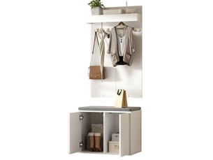 Meubles d'entrée 3 en 1 avec 4 crochets, banc et meuble à chaussures 2 portes blanc pour couloir 60 × 35 × 145 cm