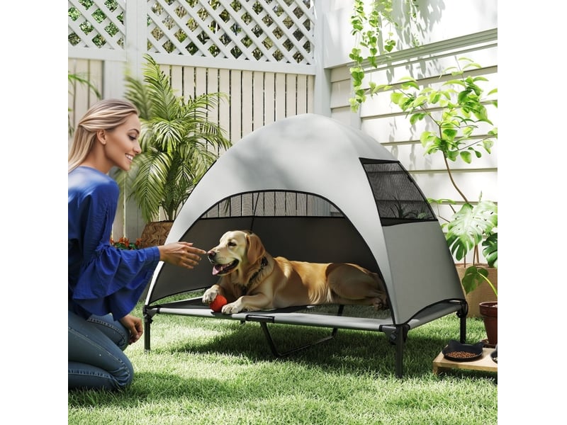  Lit surélevé extérieur avec toit 106 x 76 x 99 cm – gris clair – aéré et portable pour grands animaux  - Conforama B