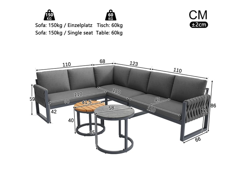  Salon de jardin modulable 5-6 places 110x66 cm – gris – coussins déhoussables, tables à pieds réglables  - Conforama C