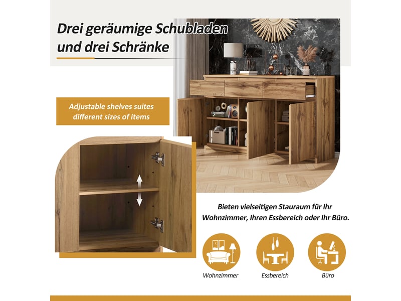  Buffet bois naturel 135 cm bahut 3 portes 3 tiroirs meuble de rangement  - Conforama R