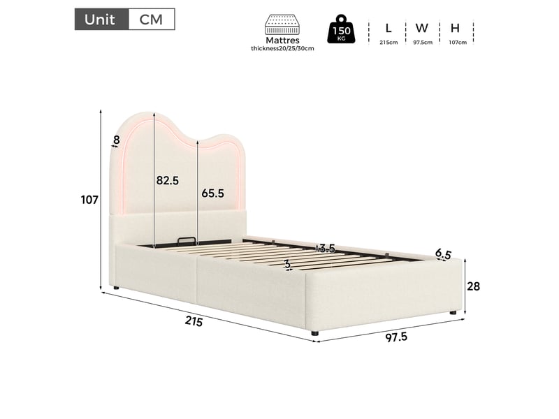  Lit enfant simple 90×200 cm coffre, led réglable - okmyhome- bouclé blanc, sans matelas, sommier inclus  - Conforama D
