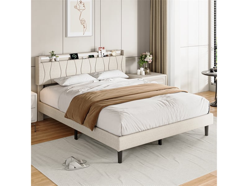  Lit 140x200cm - lit double 140x200cm - lit rembourré en tissu lin avec tête de lit à étagère, led rgb et usb - beige  - Conforama D