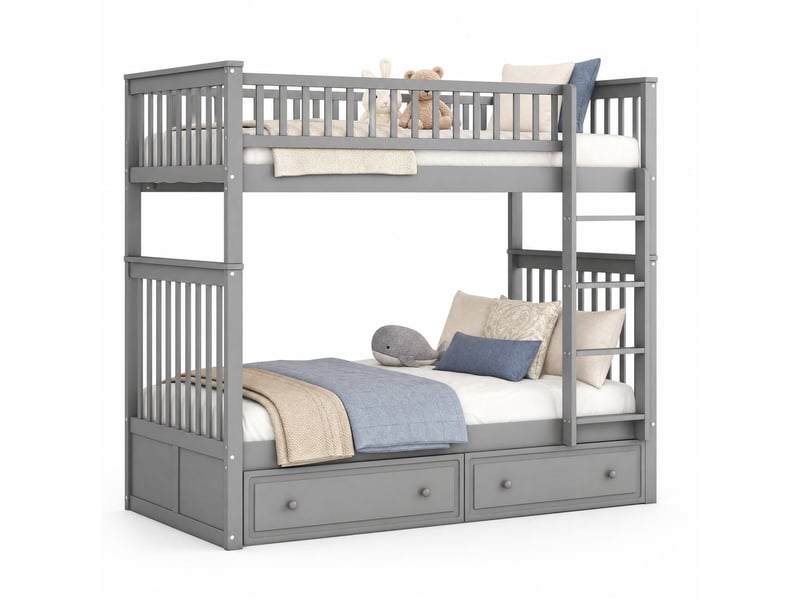  Lit superposé enfant 90x200 cm en pin et mdf, 2 tiroirs, convertible, gris  - Conforama A