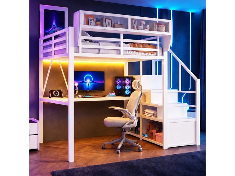 Lit mezzanine 140x200 cm, lit enfant, rangement, bureau, échelle sécurisée, led, métal blanc  - Conforama C