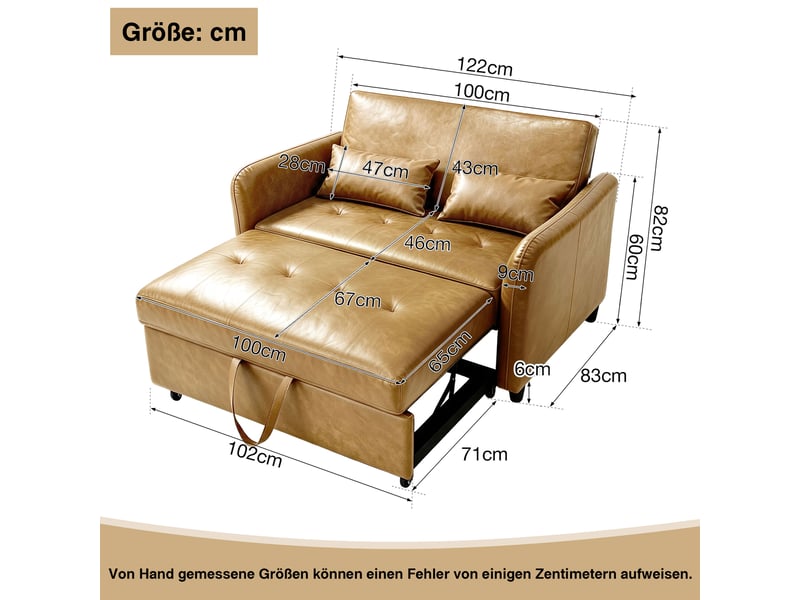  Canapé convertible en lit 122 cm 2 places avec dossier réglable 3 positions, couchage 156 x 100 cm, revêtement pu imperméable, marron  - Conforama D