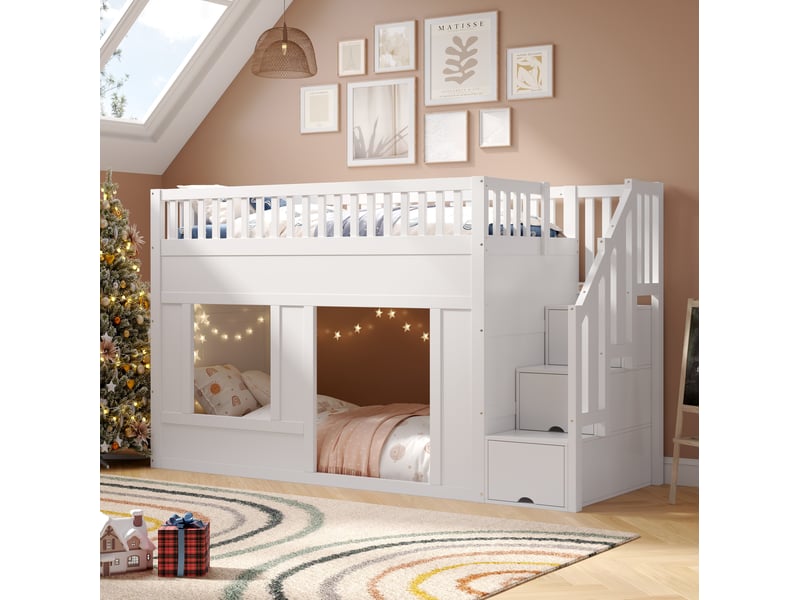 Lit simple 90x200 cm avec escalier de rangement en bois blanc - Conforama C
