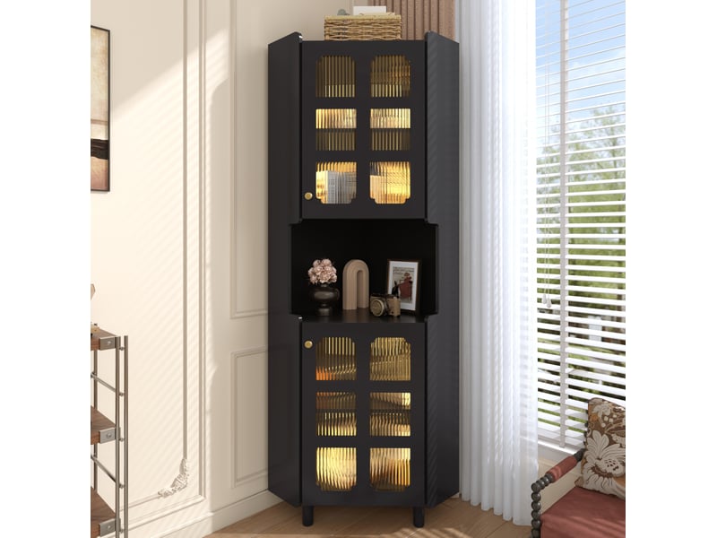  Meuble d'angle vitrine 63,5x157,5 cm, led, espace de rangement, bibliothèque, gain de place, pour salon, en mdf, noir  - Conforama B
