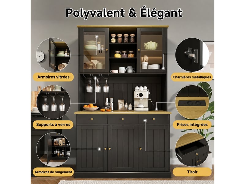 Meuble de cuisine muvano noir, vaisselier avec portes vitrées, 120 × 40 × 191 cm - Conforama E