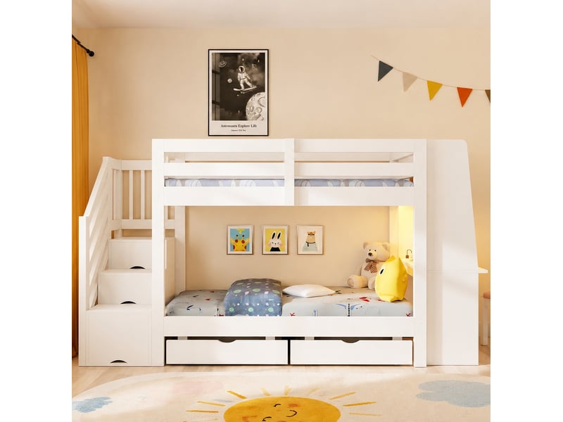  Lit superposé enfant 90x200 cm avec bureau, led et rangements blanc  - Conforama D