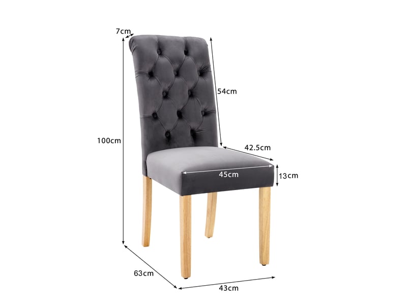  Lot de 4 chaises salle à manger 63x45x100 cm, dossier haut, heurtoirs chromés, velours gris, pieds en bois  - Conforama C