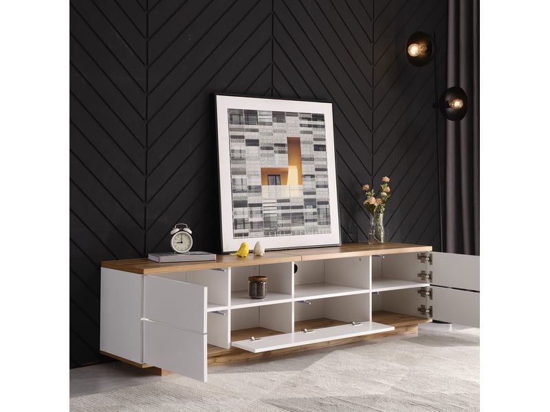  Meuble tv modenvie 180 x 38 x 46 cm en mdf blanc et décor bois avec 5 portes  - Conforama B