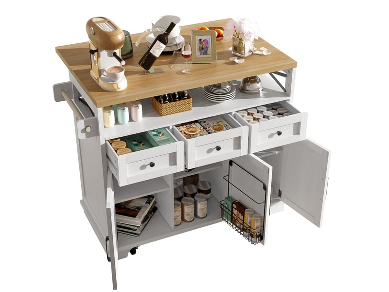  Îlot de cuisine blanc avec plateau rabattable, chariot de cuisine à roulettes avec rangement multifonctionnel, 118x43x98cm  - Conforama A