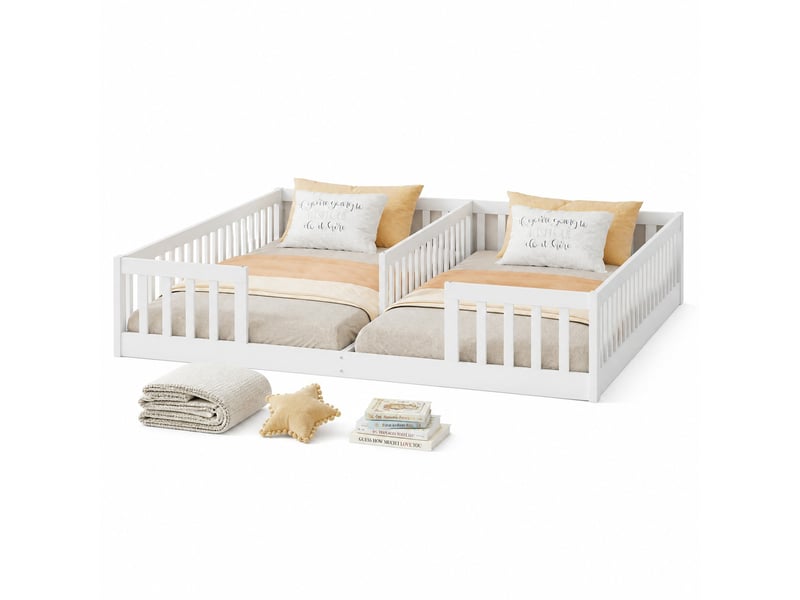  Lit enfant à 2 couchages de 90x200 cm avec barrières et sommiers à lattes, blanc  - Conforama A