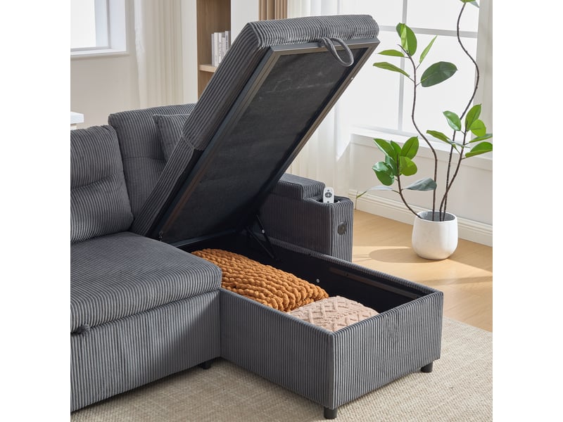  Canapé scandinave 4 places 272x136x86 cm, 2 méridienne réversible, coffres, porte-gobelets, usb-c, velours côtelé gris  - Conforama R